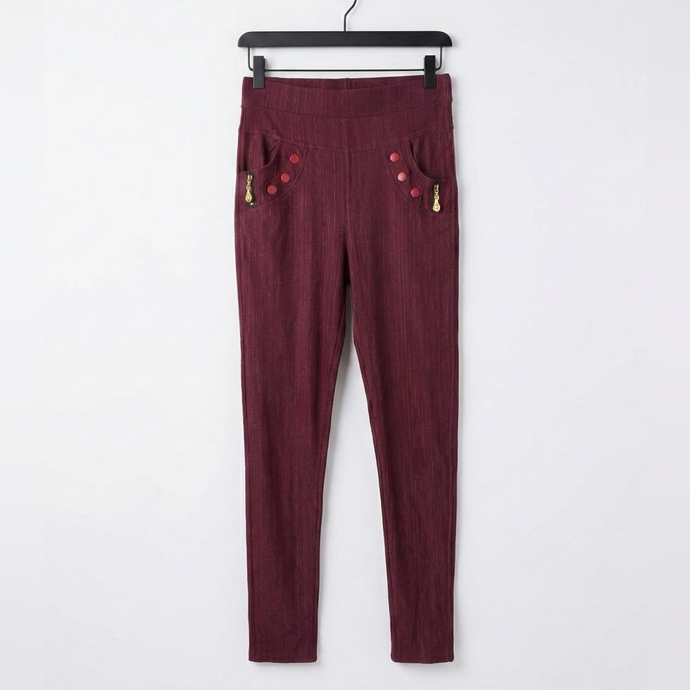 Burgundy Herringbone Pull-On Pixie Pants Jeggings Gold Zip Military S